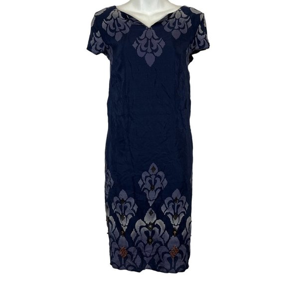 Jones New York Collection Womens Navy Silk Blend Short Sleeve V-Neck Dress sz 6 - Picture 1 of 16